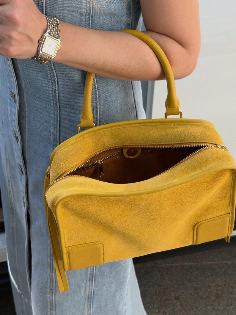 Gelbe Wildleder-Umhängetasche, Sommerhandtaschen, echte Wildleder-Einkaufstasche, Damen-Top-Grifftaschen Bild 10