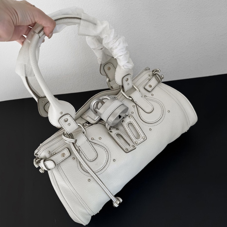 レザートップハンドルバッグ、レトロスタイルトートバッグ、Y2Kハンドバッグ、本革財布 Ivory+Silver
