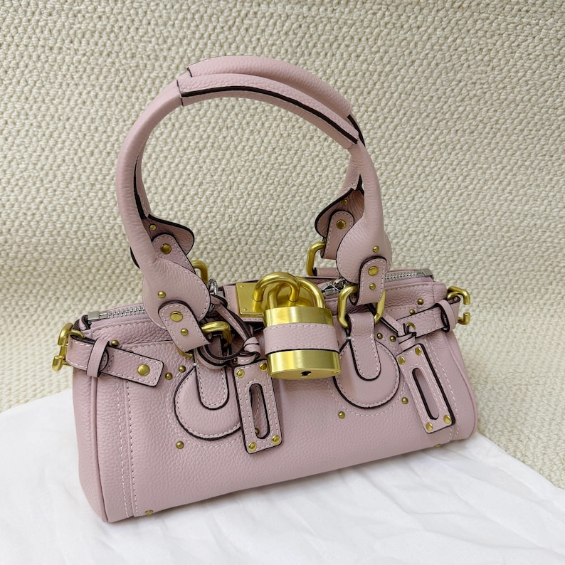 レザートップハンドルバッグ、レトロスタイルトートバッグ、Y2Kハンドバッグ、本革財布 Pink+Gold