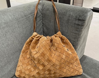 Suede Woven Handbags, Genuine Suede Leather Shoulder Bag, Weaved Leather Tote Bags