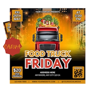 Circulaire Food Truck | Modèle modifiable pour événements de restaurant | Promotion sur les réseaux sociaux | Design personnalisable | Modèle de toile