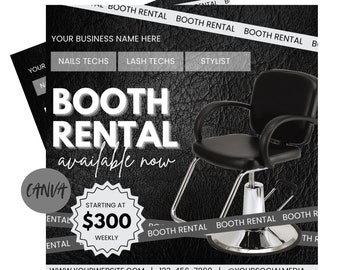 May include: Black and white graphic with the text "Booth Rental available now" and a black salon chair with a chrome base. The text "Starting at $300 weekly" is in a white circle with a black border.