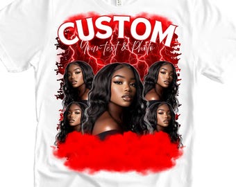 May include: White t-shirt with a red and black graphic design. The design features a woman's face with lightning bolts and the text "CUSTOM Your text & Photo".