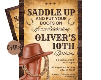 Może przedstawiać: Rusticzne zaproszenie na urodziny z ilustracją kowbojskiego kapelusza i buta. Tekst brzmi: "Saddle Up and Put Your Boots On. We are Celebrating Oliver's 10th Birthday. 8 October, 2024 at 3:00pm. 123 Anywhere St., Any City, ST 12345. RSVP to Olivia at +123-456-7890."