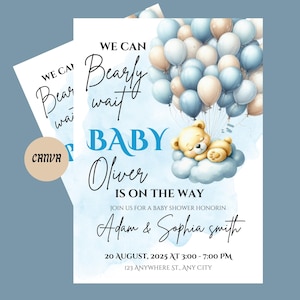 We Can Bearly Wait Sage Invite | Girl Baby Shower | Teddy Bear Baby Shower Invitation Template | Gender Neutral | Canva Template