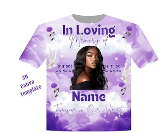 Plantilla de camiseta conmemorativa de Canva (morada) / Camiseta conmemorativa 3D de Canva / Camiseta conmemorativa editable / Fondos para camisetas conmemorativas / Camiseta conmemorativa para funerales