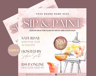 Paint And Sip Flyer | Paint Night Flyer | Sip And Paint Flyer | Paint Party Flyer | Diy Flyer Template | Event Flyer | Editable Flyer