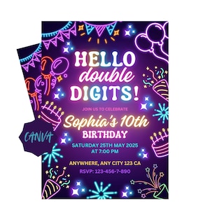Double Digits Birthday Invitation | 10TH Birthday Invitation | custom digital double digits birthday invitation | Canva Template