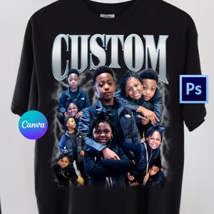 Op de afbeelding: Zwart T-shirt met een zilveren "CUSTOM"-afbeelding en een collage van foto's van kinderen. De foto's zijn in een raster gerangschikt en tonen verschillende poses en gezichtsuitdrukkingen.