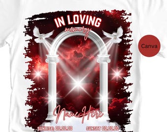 Funeral Shirts Templates Red | Editable Funeral Shirt Template | In Loving Memory | Heaven Background Funeral Shirt Template
