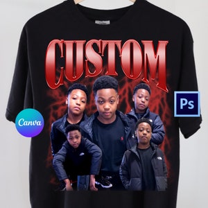 Pode incluir: Camiseta preta com um gráfico vermelho "CUSTOM" e uma colagem de cinco fotos de meninos jovens. As fotos estão dispostas em uma grade e são cercadas por um design de raio vermelho.