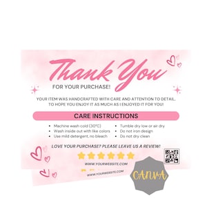 Tshirt Washing Instructions Card | Printable Care Card for Small Business | Editable Template | Digital Download | Canva Template