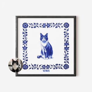 Custom Pet Portraits Using Pet Photo Personalized Blue Willow Cat Portrait Cat Portrait Custom Pet Memorial Art Custom Delft Blue Print Gift