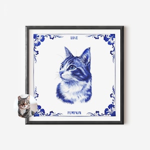 Custom Pet Portrait Blue Willow Chinoiserie Portrait Personalized Cat Print Pet Owner Gift Pet Memorial Cat Owner Gift Delft Blue Print Gift
