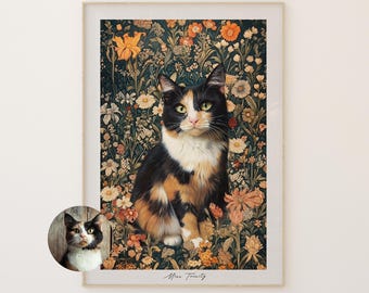 May include: A calico cat with black, orange, and white fur sits in a field of colorful flowers. The cat has green eyes and a white patch on its chest. The background is a dark green tapestry with a floral pattern.