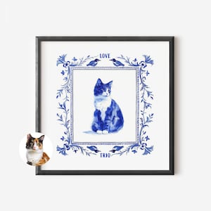Custom Pet Portraits Using Pet Photo Personalized Blue Willow Cat Portrait Cat Portrait Custom Pet Memorial Art Custom Delft Blue Print Gift