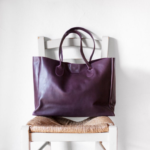 Purple Leather Shopper, Leather Tote, Shoulder Bag, Purple Leather Bag, Leather Bag, Leather Handbag, Raw Edged Shopper, Purple Tote