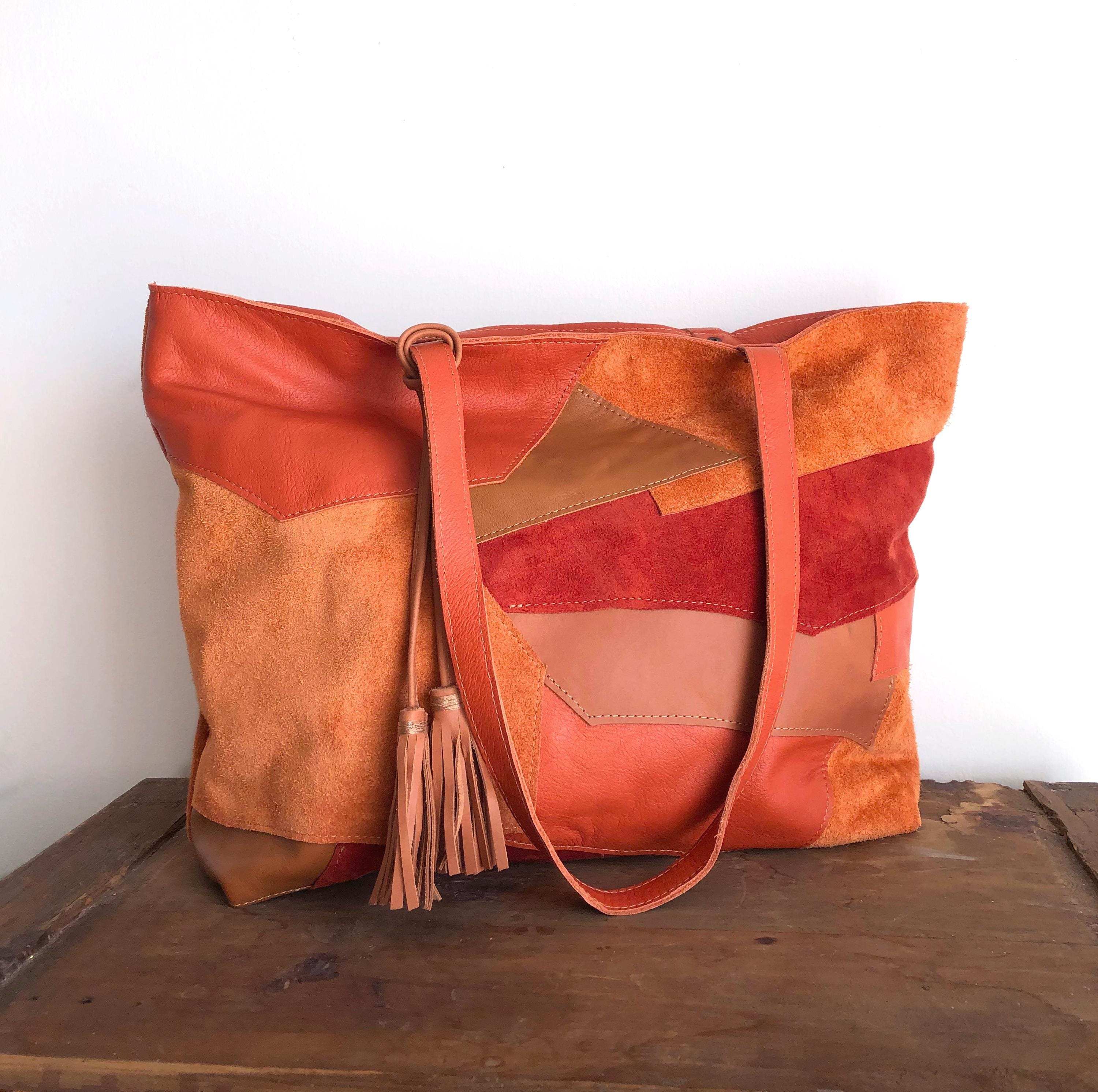 バッグ 90s 00s leather tote orange bag LEATHER TOTE With Zipper, Leather Tote Woman, Orange Leather
