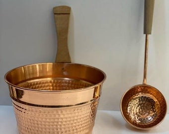 Turkish Handmade Natural Copper Sauna Bucket with Wooden Handle