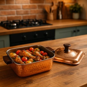 手作りの槌目銅製キャセロールポット（蓋付き）、伝統的な調理器具