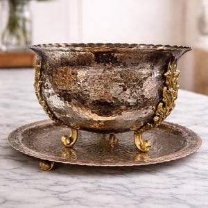 Handmade Hammered Copper Planter with Brass Feet, Silver Tone Decorative Bowl, Rustic Indoor Plant Pot