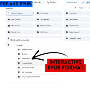 May include: A digital interface displaying a list of folders labeled PDF AND EBOOK, By Author, and Best-selling books. The list includes names like Benjamin Graham and categories such as Business eBooks and epub format with a black arrow.