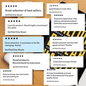 May include: A collection of eight white and one light blue rectangular customer review cards, each featuring five black stars and the text Verified Etsy Buyer, layered over a black book cover with yellow text on a wooden surface.