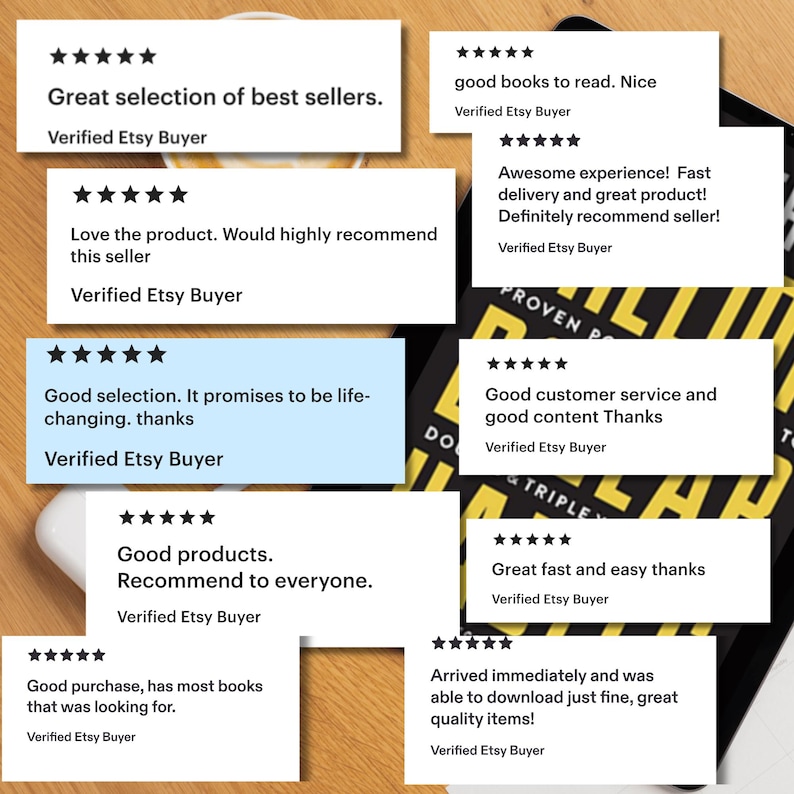 May include: A collection of eight white and one light blue rectangular customer review cards, each featuring five black stars and the text Verified Etsy Buyer, layered over a black book cover with yellow text on a wooden surface.
