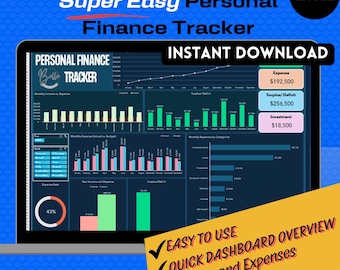May include: A laptop screen displaying a dark blue personal finance tracker spreadsheet with charts and graphs. The spreadsheet is titled "Personal Finance Tracker" and includes categories for income, expenses, surplus/deficit, and investment. The spreadsheet is designed to be easy to use and provides a quick overview of income and expenses. The text "Super Easy Personal Finance Tracker" is displayed above the spreadsheet. The text "Instant Download" is displayed above the spreadsheet. The text "EXCEL" is displayed in the upper right corner of the image. The text "EASY TO USE", "QUICK DASHBOARD OVERVIEW", "Income and Expenses", and "Comparison" are displayed below the spreadsheet.