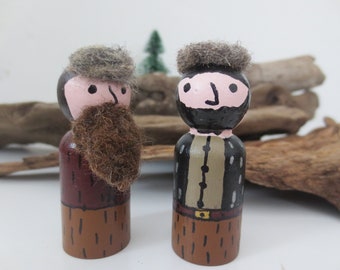 Peg Doll Set Lumberjack Men Pegs, Woodland Pegs, Painted Peg Dolls, Peg People, Peg Man, Hand Painted Wooden Pegs, Forest pegs Needle Felted