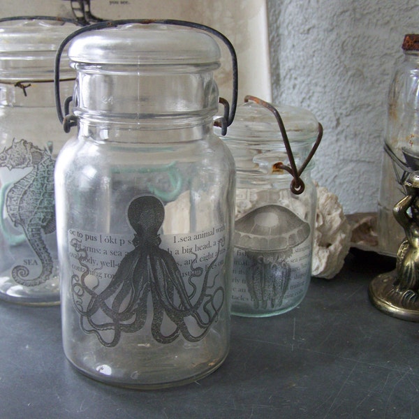 Beach Cottage Decor Vintage Mason Jar w Glass Lid Octopus design Apothecary Emphera