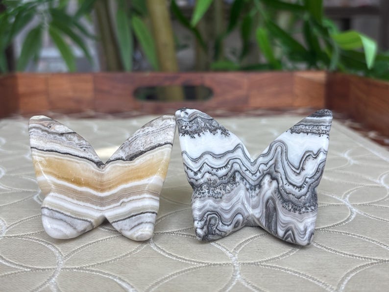 May include: Two butterfly-shaped stone sculptures. One is a mix of white, tan, and brown, while the other is primarily black and white. The wings have a layered, patterned appearance, and the sculptures are set on a patterned surface.