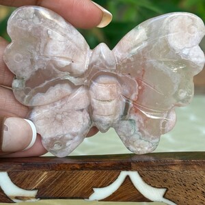 May include: A carved butterfly figurine in shades of pink, white, and gray. The wings have a detailed, veined pattern. The butterfly is held up against a blurred green background.