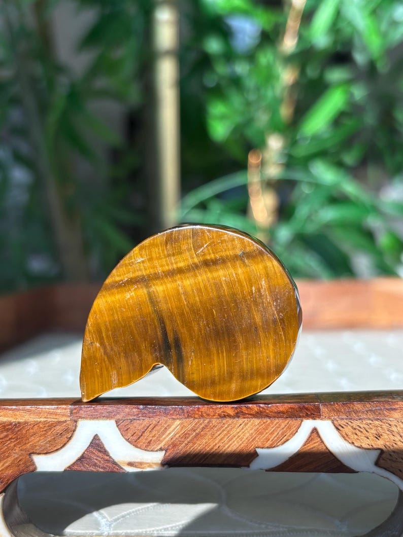 Puede incluir: Una piedra preciosa de ojo de tigre pulida, que muestra un rico color marr&oacute;n dorado con estr&iacute;as naturales. La piedra tiene una forma &uacute;nica y org&aacute;nica, que se asemeja a una hoja o l&aacute;grima estilizada. La piedra preciosa se exhibe sobre una superficie de madera decorativa.