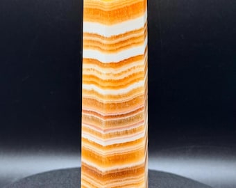 Orange Calcite Tower • Banded Calcite Crystal Point • Honey Calcite Obelisk • Natural Calcite Mineral • Striped Orange White Stone Decor