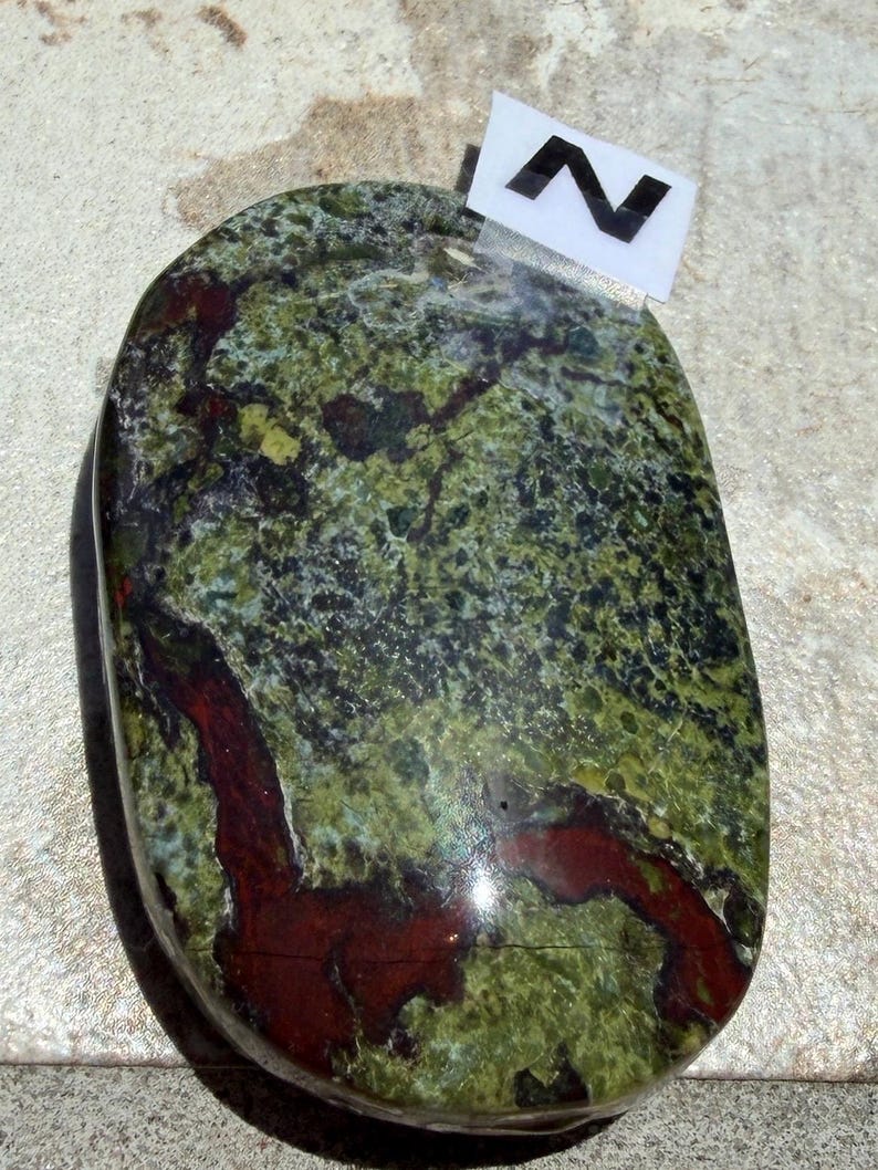 Puede incluir: Una piedra pulida de forma ovalada con un patr&oacute;n moteado de verde y rojo oscuro. La piedra tiene una superficie lisa y un aspecto natural y org&aacute;nico. Una peque&ntilde;a etiqueta blanca con la letra "N" est&aacute; adherida en la parte superior.