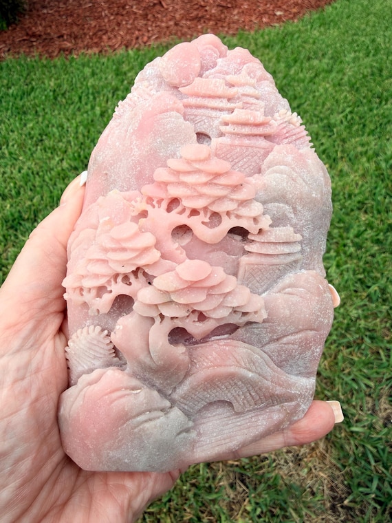 Pink Calcite Scenic Landscape Carving Pagoda Mountain Sculpture Home Decor