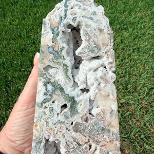 Moss Agate Tower Large Druzy Geode Crystal Point Green Chalcedony Statement Piece