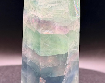 Rainbow Fluorite Tower 4.1” • Banded Fluorite Crystal Point • Green Purple Fluorite Obelisk • Natural Fluorite Mineral Specimen
