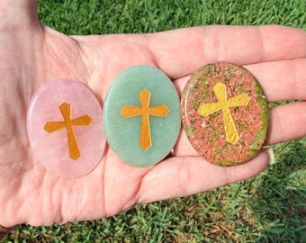Engraved Crystal Cross Palm Stone Rose Quartz, Green Aventurine, Unakite Worry Stone, Christian Gift, Pocket Prayer Stone, Sold Individually