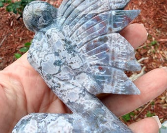Ocean Jasper Angel Carving | Natural Orbicular Jasper Crystal Figurine, Green Gray Pink Stone Decor