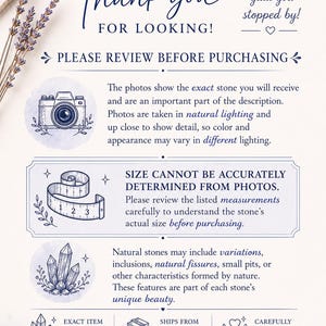 May include: An informational graphic with blue text and illustrations on a white background. It includes the text Thank you for looking, Please review before purchasing, and details about natural stone variations, sizing, and photography.