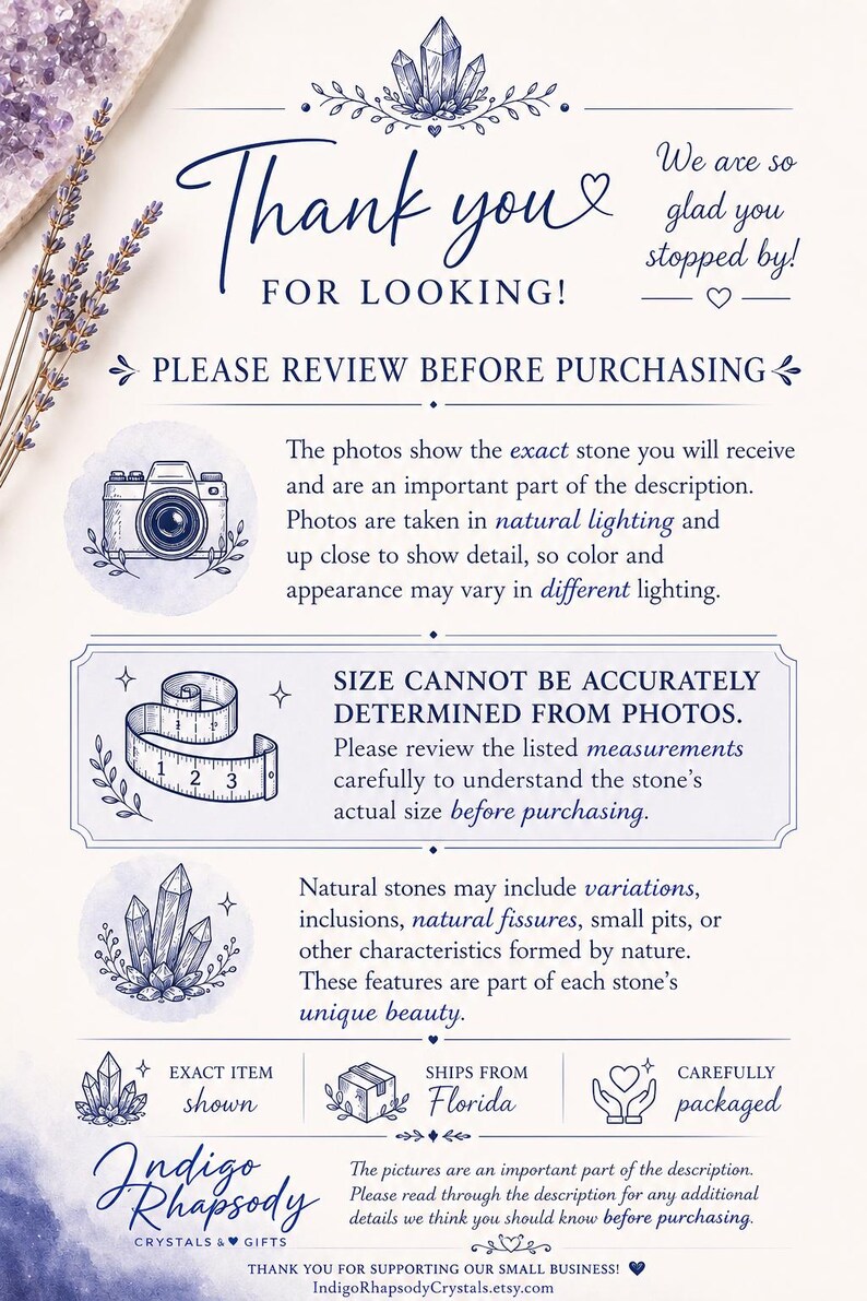 May include: An informational graphic with blue text and illustrations on a white background. It includes the text Thank you for looking, Please review before purchasing, and details about natural stone variations, sizing, and photography.