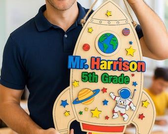 Letrero personalizado para la puerta del aula con temática espacial, regalo para profesores