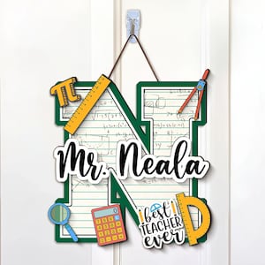Letrero de puerta personalizado para profesor, letrero de madera 3D con el nombre del profesor para el aula, arte de madera 3D para profesor de matemáticas, letrero de puerta para profesor de matemáticas