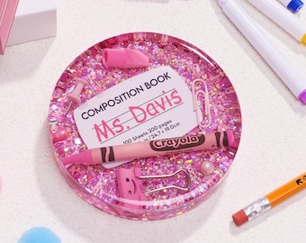 Personalized Composition Book Teacher Coaster, Glitter Coasters with Custom Name, Crayon Coaster, Composition Notebook, Back to School Gifts