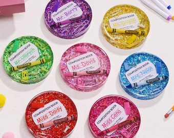 Personalized Glitter Teacher Appreciation Coasters – Custom Composition Notebook Drink Coaster & Paperweight, Back-to-School Teacher Gift