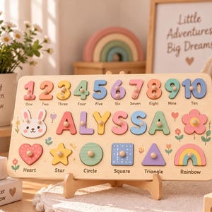 Custom Name Wooden Puzzle, Personalized Montessori Learning Toy with Shapes & Numbers, Toddler Birthday Gift