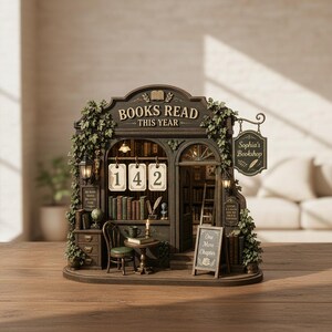 May include: A detailed miniature bookstore diorama, featuring the text "BOOKS READ THIS YEAR" and "Sophia's Bookshop." The diorama includes a small table, chair, and a sign that reads "One More Chapter." The number "142" is displayed. The diorama is brown and green.