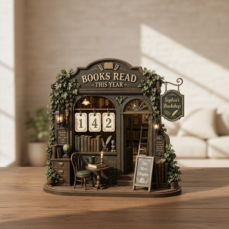 May include: A detailed miniature bookstore diorama, featuring the text "BOOKS READ THIS YEAR" and "Sophia's Bookshop." The diorama includes a small table, chair, and a sign that reads "One More Chapter." The number "142" is displayed. The diorama is brown and green.